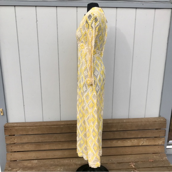 Vintage 60s Embroidered Jerry Marsch Yellow Chiffon Maxi Dress - Picture 10 of 15